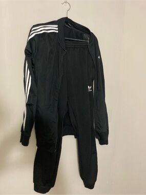 adidas track suite Black Jacket with White Three-Stripes matching pants